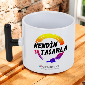 Kişiye Özel Baskılı Siyah Kulplu T Latte Fincanı
