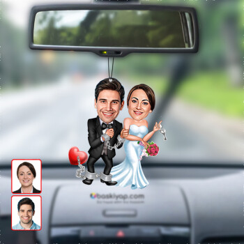 2 Li Evli Çift Karikatür Kişiye Özel Fotoğraflı Dikiz Ayna Süsü