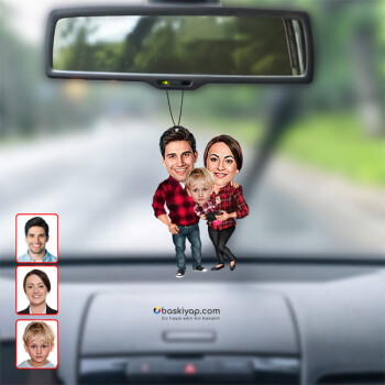 3 Kişilik Fotoğraflı Erkek Çocuklu Aile Dikiz Ayna Süsü Biblo