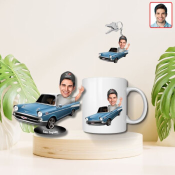 Kişiye Özel Arabalı Karikatür Biblo Kupa Anahtarlık Set