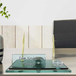Mavi Yeşil Kristal Altın Kalemli Masa İsimliği