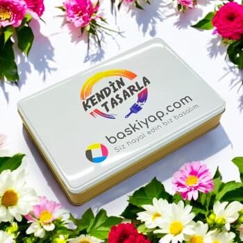 Baskılı Hediye Teneke Kutu Gold Beyaz 265X175X45 Mm