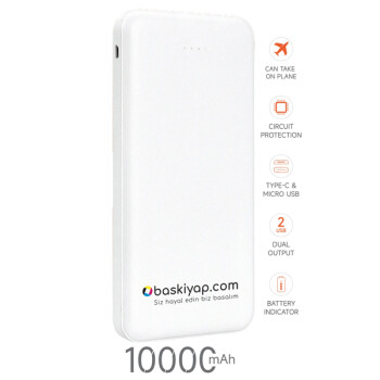 Kişiye Özel Beyaz Powerbank 10.000 Mah 2X Usb Çıkışlı 1 Type-C Ve 1 Micro Girişli