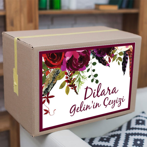 Bordo Çerçeveli Çiçekli Çeyiz Etiketi görsel