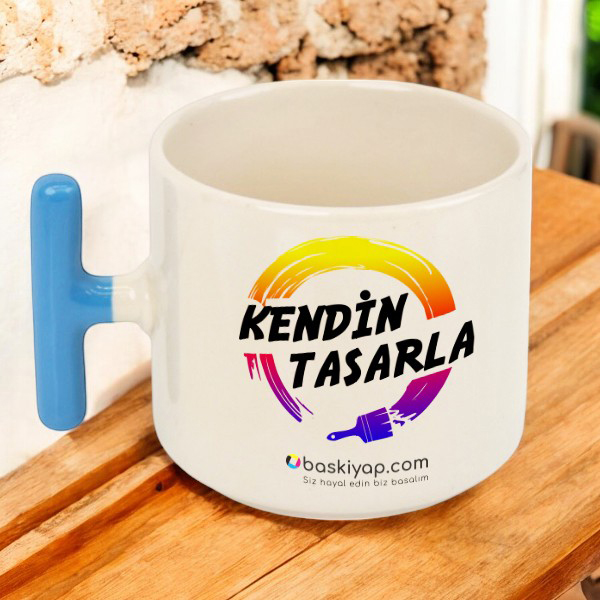 Kişiye Özel Baskılı Mavi Kulplu T Latte Fincanı görsel