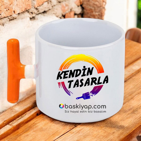 Kişiye Özel Baskılı Turuncu Kulplu T Latte Fincanı görsel