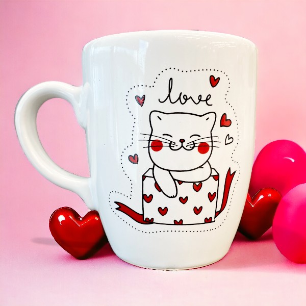 14 Şubat Kedili Sevgili Oval Kupa Bardak