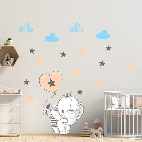Balonlu Fil ve Yıldızlar Duvar Sticker