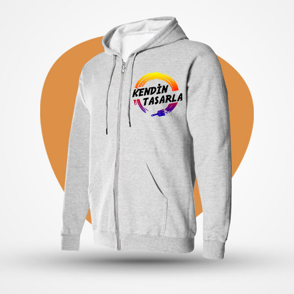 Kişiye Özel Fermuarlı Baskılı Gri Sweatshirt (Hoodie)