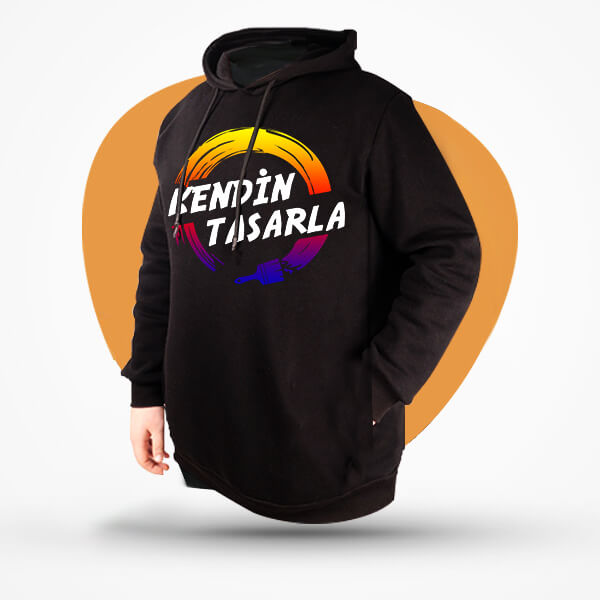 Kendin Tasarla Kapüşonlu Kanguru Cepli Siyah Sweatshirt