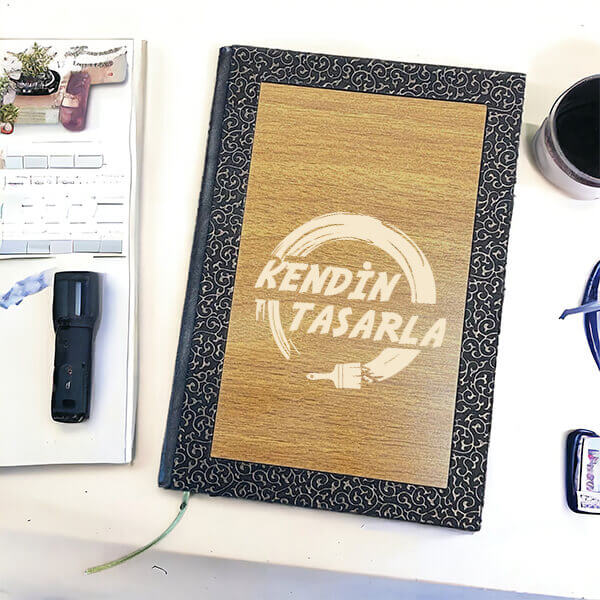 Kişiye Özel Desenli Ahşap Lazer Kazıma Çizgili Defter 24X17Cm görsel
