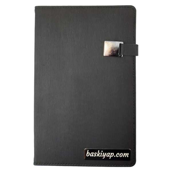 Tarihsiz Çizgili Mıknatıslı Metal Plakalı Siyah Defter