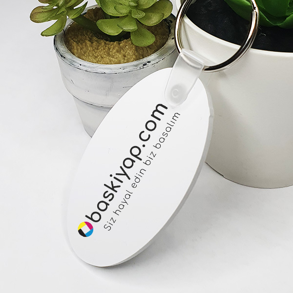 Kişiye Özel Baskılı Beyaz Oval Anahtarlık