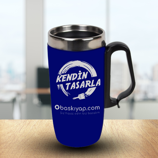 Kulplu Çelik Mavi Termos Bardak