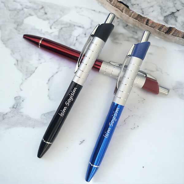 Kişiye Özel Gümüş Çizgili Metal Lazer Kazıma Tükenmez Kalem görsel