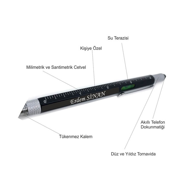 Kişiye Özel Su Terazili Cetvelli Tornavidalı Mühendis Kalemi - Görsel 4