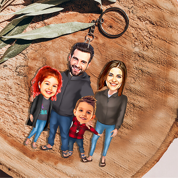 Kişiye Özel Dört Kişilik Aile Karikatürlü Anahtarlık görsel