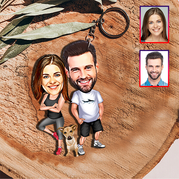 Kişiye Özel Köpek Sahibi Çift Karikatürlü Anahtarlık