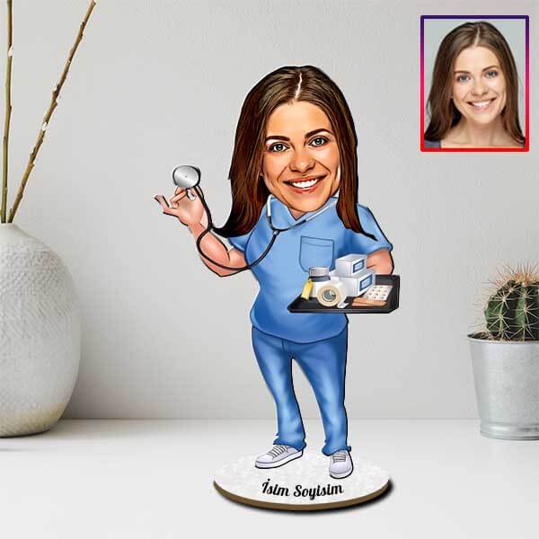 Kişiye Özel Kadın Sağlık Çalışanı Karikatürlü Biblo görsel