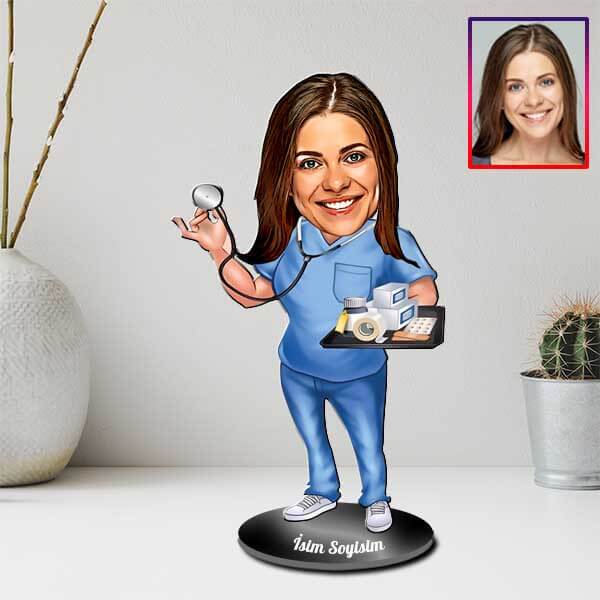 Kişiye Özel Kadın Sağlık Çalışanı Karikatürlü Biblo görsel