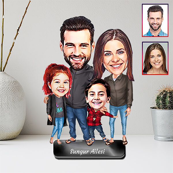 Kişiye Özel Dört Kişilik Aile Karikatürlü Biblo