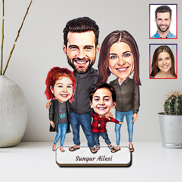 Kişiye Özel Dört Kişilik Aile Karikatürlü Biblo