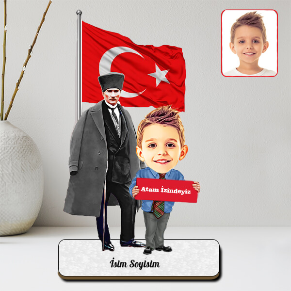 Atatürk Ve Kişiye Özel Erkek Çocuk Karikatürlü Biblo görsel
