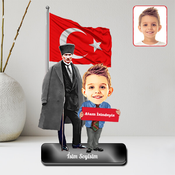 Atatürk Ve Kişiye Özel Erkek Çocuk Karikatürlü Biblo görsel