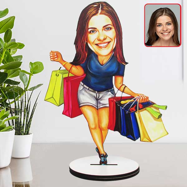 Kişiye Özel Alışveriş Yapan Kadın Karikatürlü Biblo görsel