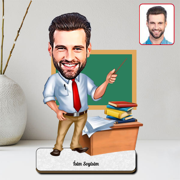 Kişiye Özel Erkek Öğretmen Karikatürlü Biblo görsel