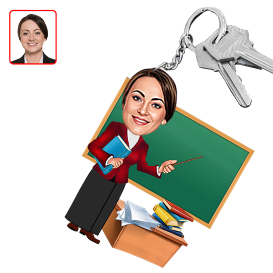 Kişiye Özel Tesettürlü Bayan Öğretmen Karikatür  Anahtarlık - Görsel 1