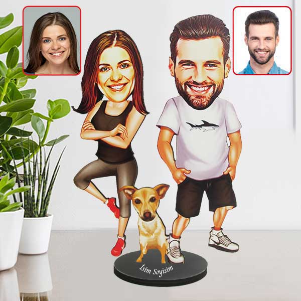 Köpek Sahibi Çift Karikatürlü Biblo görsel