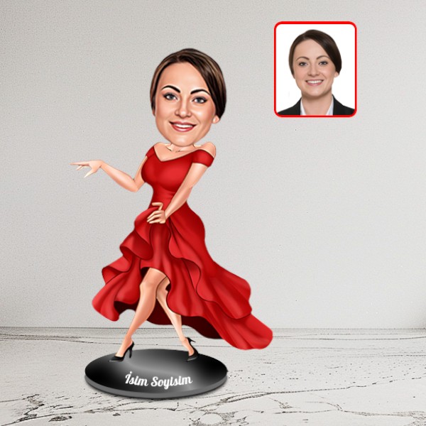 Kişiye Özel Kırmızı Elbiseli Kadın Karikatür Biblo