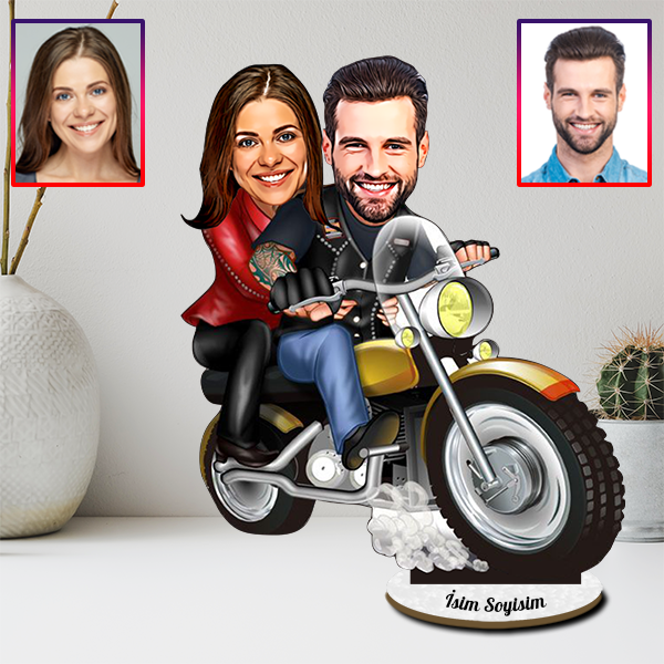 Kişiye Özel Motorcu Sevgililer Karikatürlü Biblo
