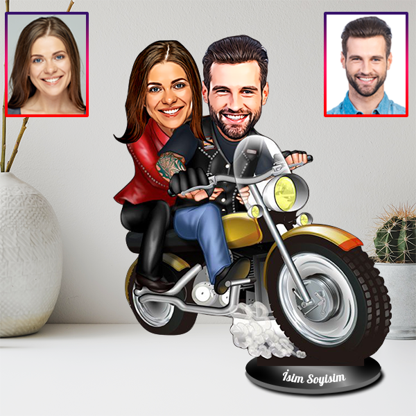 Kişiye Özel Motorcu Sevgililer Karikatürlü Biblo