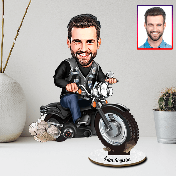 Kişiye Özel Motorcu Karikatürlü Biblo görsel