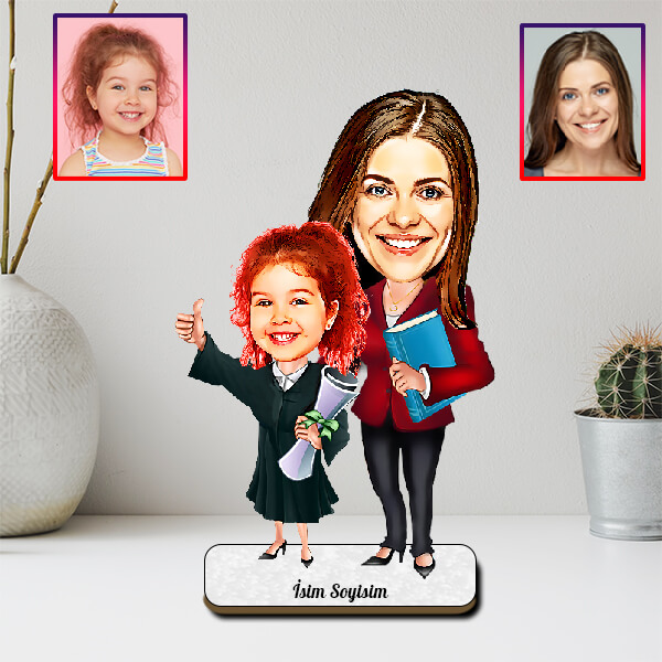 Kadın Öğretmen Kız Öğrenci Karikatürlü Biblo