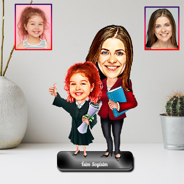 Kadın Öğretmen Kız Öğrenci Karikatürlü Biblo