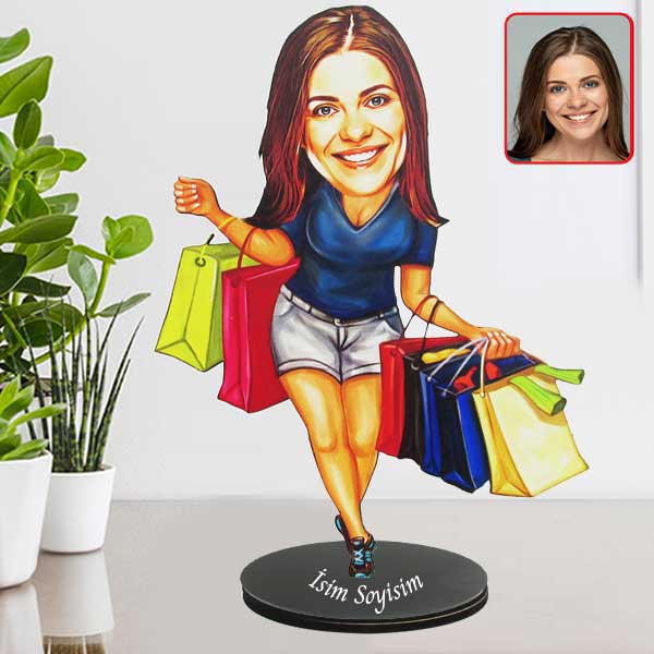 Kişiye Özel Alışveriş Yapan Kadın Karikatürlü Biblo görsel