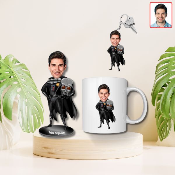 Kişiye Özel Kara Lord Karikatür Biblo Kupa Anahtarlık Set görsel