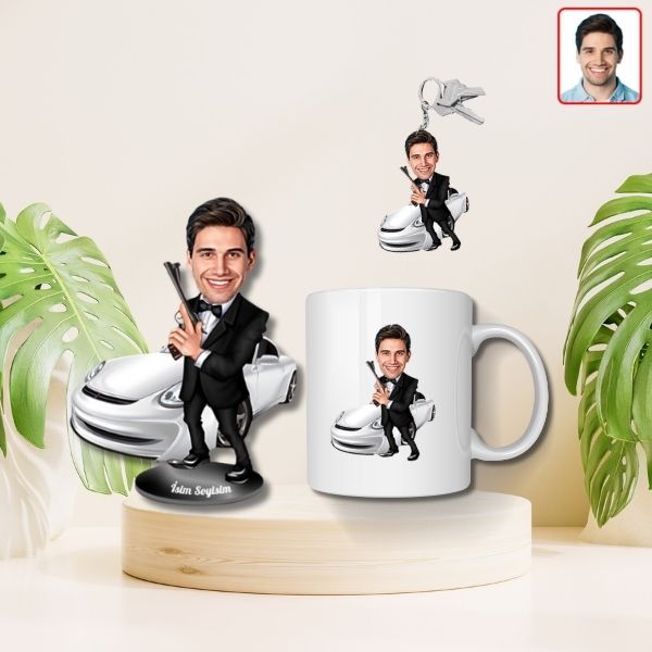 Kişiye Özel Ajan Karikatür  Biblo Kupa Anahtarlık Set görsel