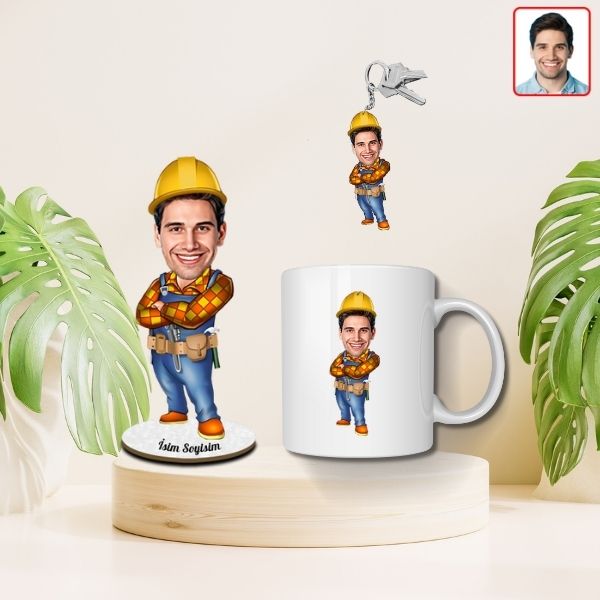 Yakışıklı Mühendis Karikatürlü Biblo Kupa Anahtarlık Set görsel