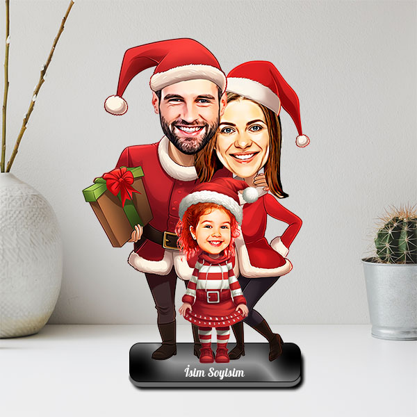 Yılbaşı Kostümlü 3 Kişilik Aile Karikatür Biblo görsel