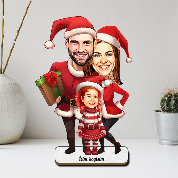 Yılbaşı Kostümlü 3 Kişilik Aile Karikatür Biblo görsel