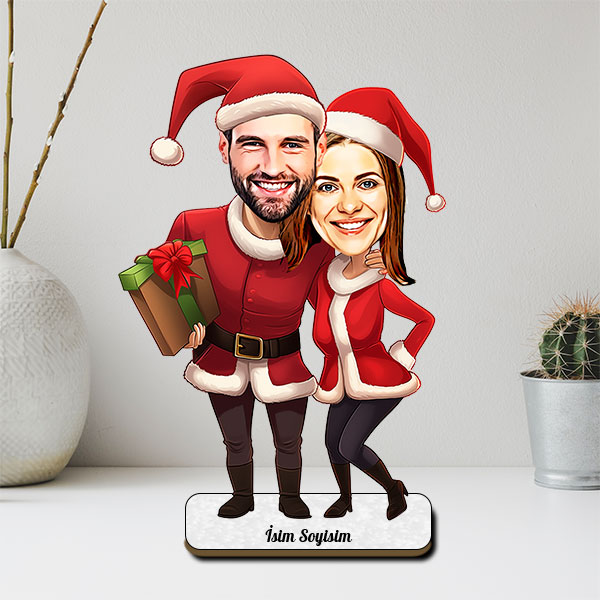 Yılbaşı Kostümlü Kadın Erkek Çift Karikatür Biblo