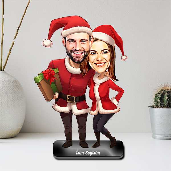 Yılbaşı Kostümlü Kadın Erkek Çift Karikatür Biblo