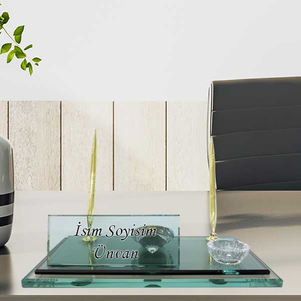 Mavi Yeşil Kristal Altın Kalemli Masa İsimliği görsel