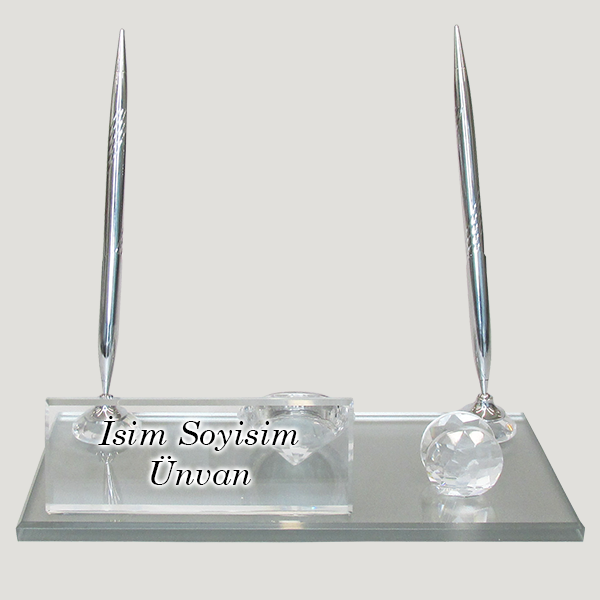 Kristal Gümüş Çift Kalemli Saatli Masa İsimliği