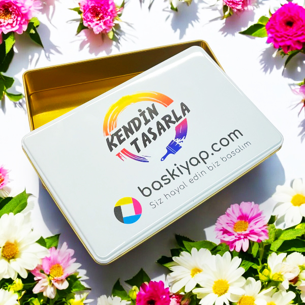 Baskılı Hediye Teneke Kutu Gold Beyaz 265X175X45 Mm görsel