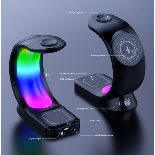 S-Link Sl-Cw20 Siyah Telefon, Saat, Kulaklık Uyumlu 15W Rgb Kablosuz Şarj Cihazı görsel